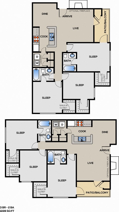 Floor plan for 3 beds, 2 baths, 1228 sqft
